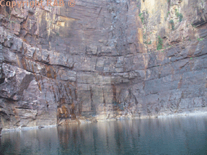 The main pool at the bottom of the Gorge. In the topical  summer or green season the falls pound over the cliffs here at Jim Jim Gorge