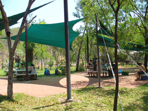 The shade screen over the tables at Jim Jim Campground.